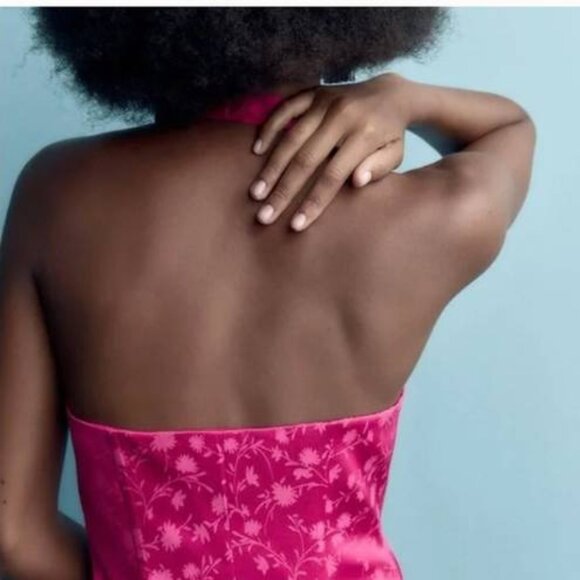 Zara Pink Floral Jacquard Halter Top With Keyhole Neckline Women's Sleeveless L - Picture 2 of 8